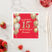 15th誕生日パーティードレッド&金ゴールドバルーン スタンダードカクテルナプキン (インサイチュ)