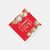 15th誕生日パーティードレッド&金ゴールドバルーン スタンダードカクテルナプキン (角)