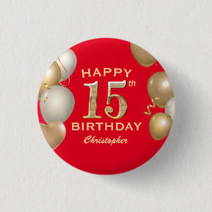 15th誕生日パーティードレッド&金ゴールドバルーン 缶バッジ