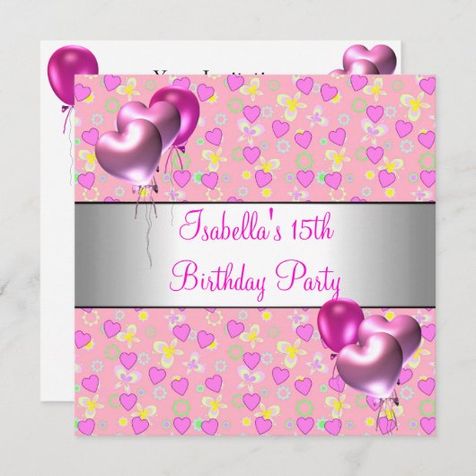 15th誕生日パーティーピンクハートシルバー・バルーン 招待状 (正面/裏面)