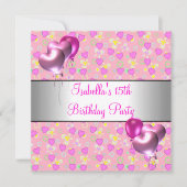 15th誕生日パーティーピンクハートシルバー・バルーン 招待状 (正面)