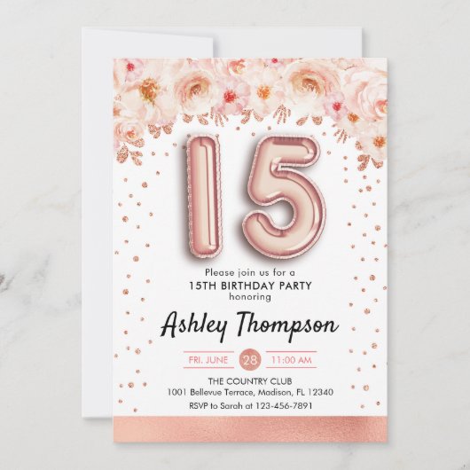 15th誕生日パーティー – バラ金ゴールドバルーン 招待状 (正面)