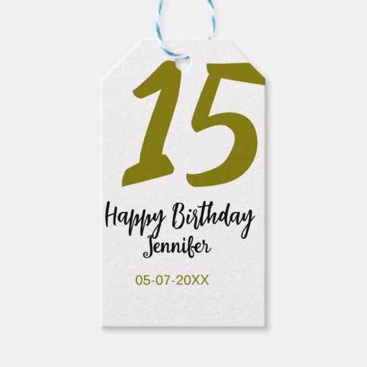 15th誕生日quienenera追加の日付の年の黄金 ギフトタグ (正面)