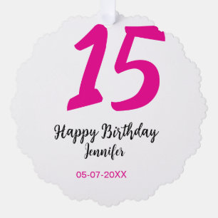 15th誕生日quienenera追加の日付の年ピンクのテンプレート オーナメントカード