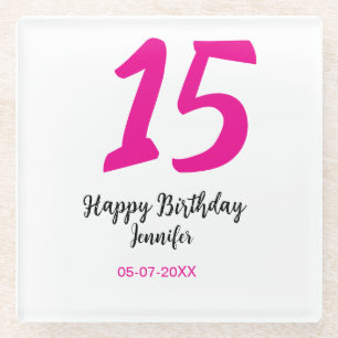 15th誕生日quienenera追加の日付の年ピンクのテンプレート ガラスコースター