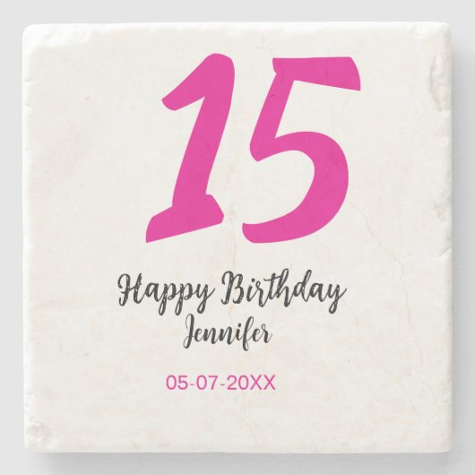 15th誕生日quienenera追加の日付の年ピンクのテンプレート ストーンコースター (正面)