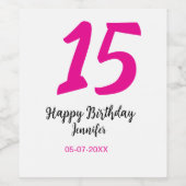15th誕生日quienenera追加の日付の年ピンクのテンプレート ワインラベル (シングルラベル)