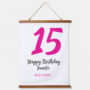 15th誕生日quienenera追加の日付の年ピンクのテンプレート 吊り下げ型タペストリー