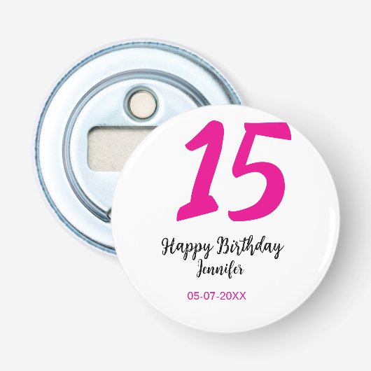 15th誕生日quienenera追加の日付の年ピンクのテンプレート 栓抜き (正面)