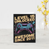 15th Birthday Boy Gift Level 15 Gamer 2011 15 Year カード (黄色い花)
