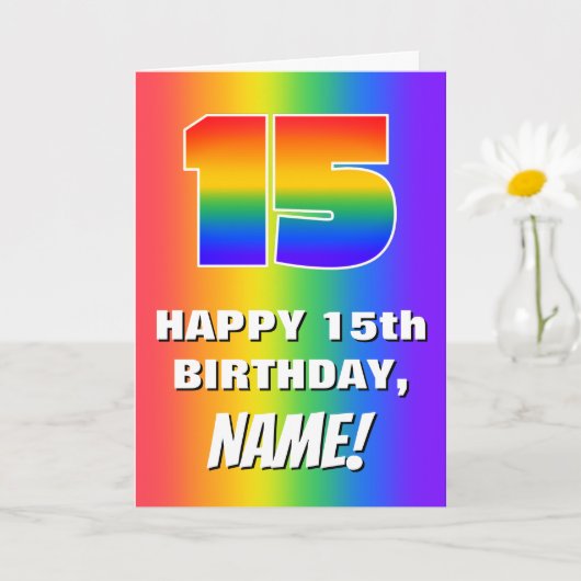 15th Birthday: Colorful, Fun Rainbow Pattern # 15 カード (小さな植物)