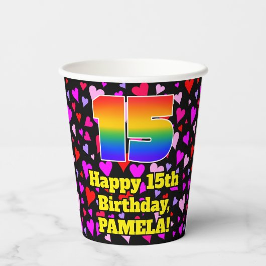 15th Birthday: Loving Hearts Pattern, Rainbow 15 紙コップ (裏面)