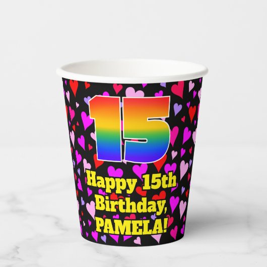 15th Birthday: Loving Hearts Pattern, Rainbow 15 紙コップ (正面)