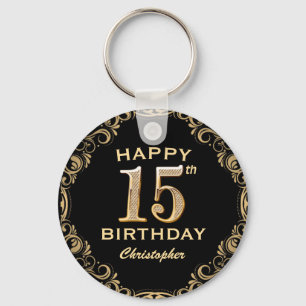 15th Birthday Partyブラック&金ゴールドグリッター枠 キーホルダー