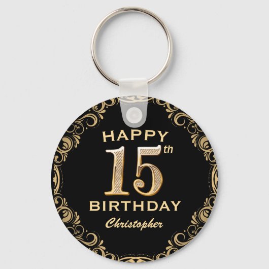 15th Birthday Partyブラック&金ゴールドグリッター枠 キーホルダー (正面)