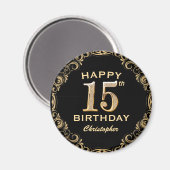 15th Birthday Partyブラック&金ゴールドグリッター枠 マグネット (正面/裏面)