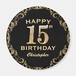 15th Birthday Partyブラック&金ゴールドグリッター枠 マグネット