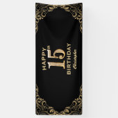 15th Birthday Partyブラック&金ゴールドグリッター枠 横断幕 (縦)