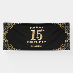 15th Birthday Partyブラック&金ゴールドグリッター枠 横断幕