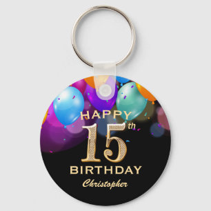 15th Birthday Partyブラック&金ゴールドバルーン キーホルダー