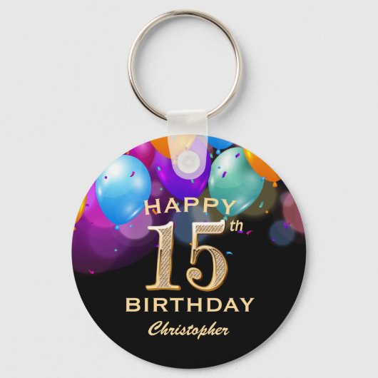 15th Birthday Partyブラック&金ゴールドバルーン キーホルダー (正面)