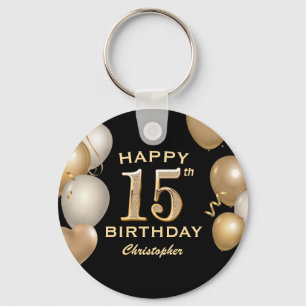 15th Birthday Partyブラック&金ゴールドバルーン キーホルダー