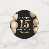 15th Birthday Partyブラック&金ゴールドバルーン コンフェッティ (スモール正面)