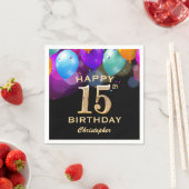 15th Birthday Partyブラック&金ゴールドバルーン スタンダードカクテルナプキン (インサイチュ)
