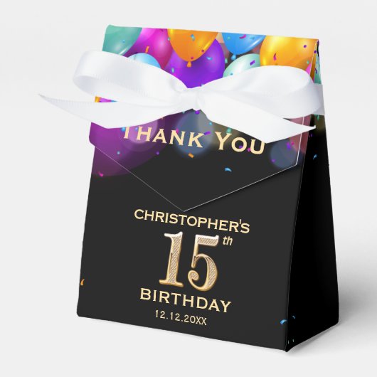 15th Birthday Partyブラック&金ゴールドバルーン フェイバーボックス (正面サイド)