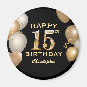 15th Birthday Partyブラック&金ゴールドバルーン マグネット
