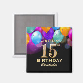15th Birthday Partyブラック&金ゴールドバルーン マグネット (正面/裏面)