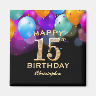 15th Birthday Partyブラック&金ゴールドバルーン マグネット