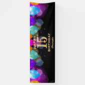 15th Birthday Partyブラック&金ゴールドバルーン 横断幕 (縦)