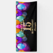 15th Birthday Partyブラック&金ゴールドバルーン 横断幕 (縦)