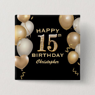 15th Birthday Partyブラック&金ゴールドバルーン 缶バッジ