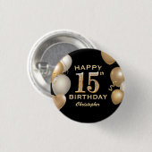 15th Birthday Partyブラック&金ゴールドバルーン 缶バッジ (正面&裏面)