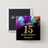 15th Birthday Partyブラック&金ゴールドバルーン 缶バッジ (正面&裏面)