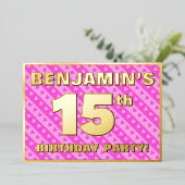15th Birthday Party —おもしろいピンクのハートとストライプ 箔招待状 (立ち正面)