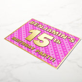 15th Birthday Party —おもしろいピンクのハートとストライプ 箔招待状 (回転した状態)