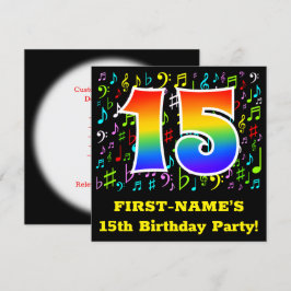 15th Birthday Party:おもしろい音楽シンボルRainbow 15 招待状