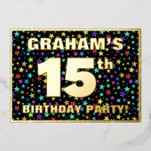 15th Birthday Party —おもしろい、スターカラフルズ・パターン 箔招待状 (正面)