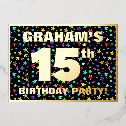 15th Birthday Party —おもしろい、スターカラフルズ・パターン 箔招待状 (正面)