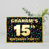 15th Birthday Party —おもしろい、スターカラフルズ・パターン 箔招待状 (立ち正面)