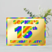 15th Birthday Party —おもしろい、レインボースペクトル「15」 箔招待状 (立ち正面)