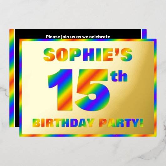 15th Birthday Party —おもしろい、レインボースペクトル「15」 箔招待状 (正面/裏面)
