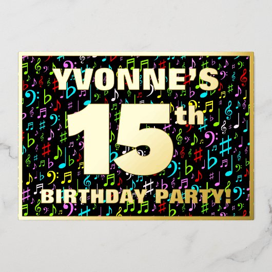 15th Birthday Party —おもしろい、音楽シカラフルンボル 箔招待状 (正面)