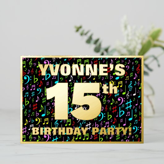 15th Birthday Party —おもしろい、音楽シカラフルンボル 箔招待状 (立ち正面)