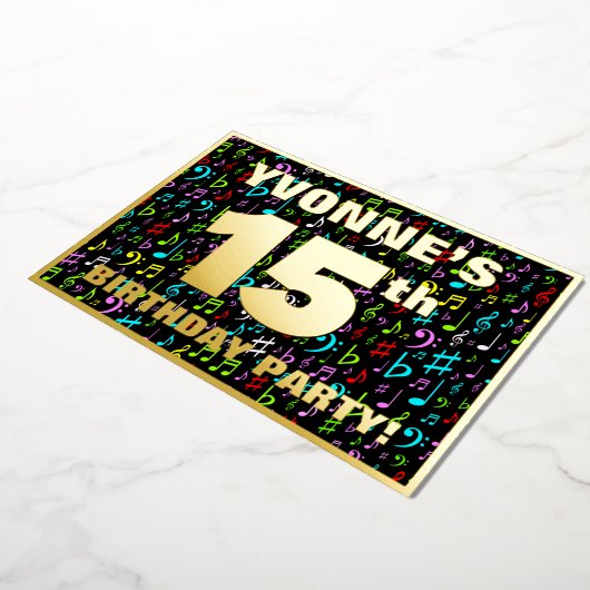 15th Birthday Party —おもしろい、音楽シカラフルンボル 箔招待状 (回転した状態)