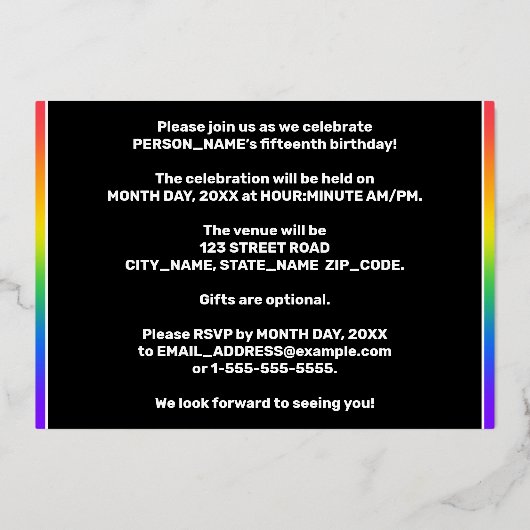 15th Birthday Party —おもしろい、音楽シカラフルンボル 箔招待状 (裏面)