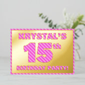 15th Birthday Party — はっきりした、おもしろい、ピンクストライプ色15 箔招待状 (立ち正面)